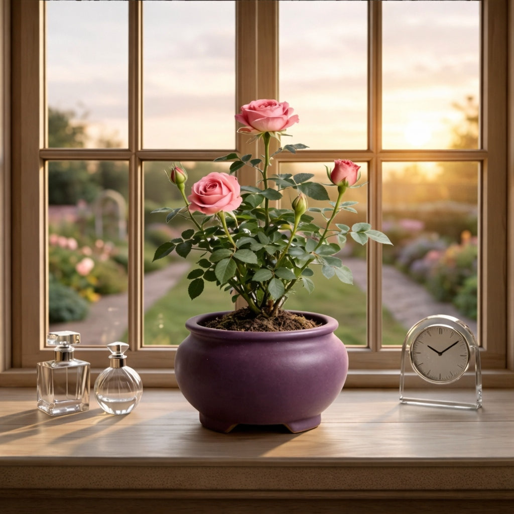 Artificial Pink Rose Plant in Ceramic Pot