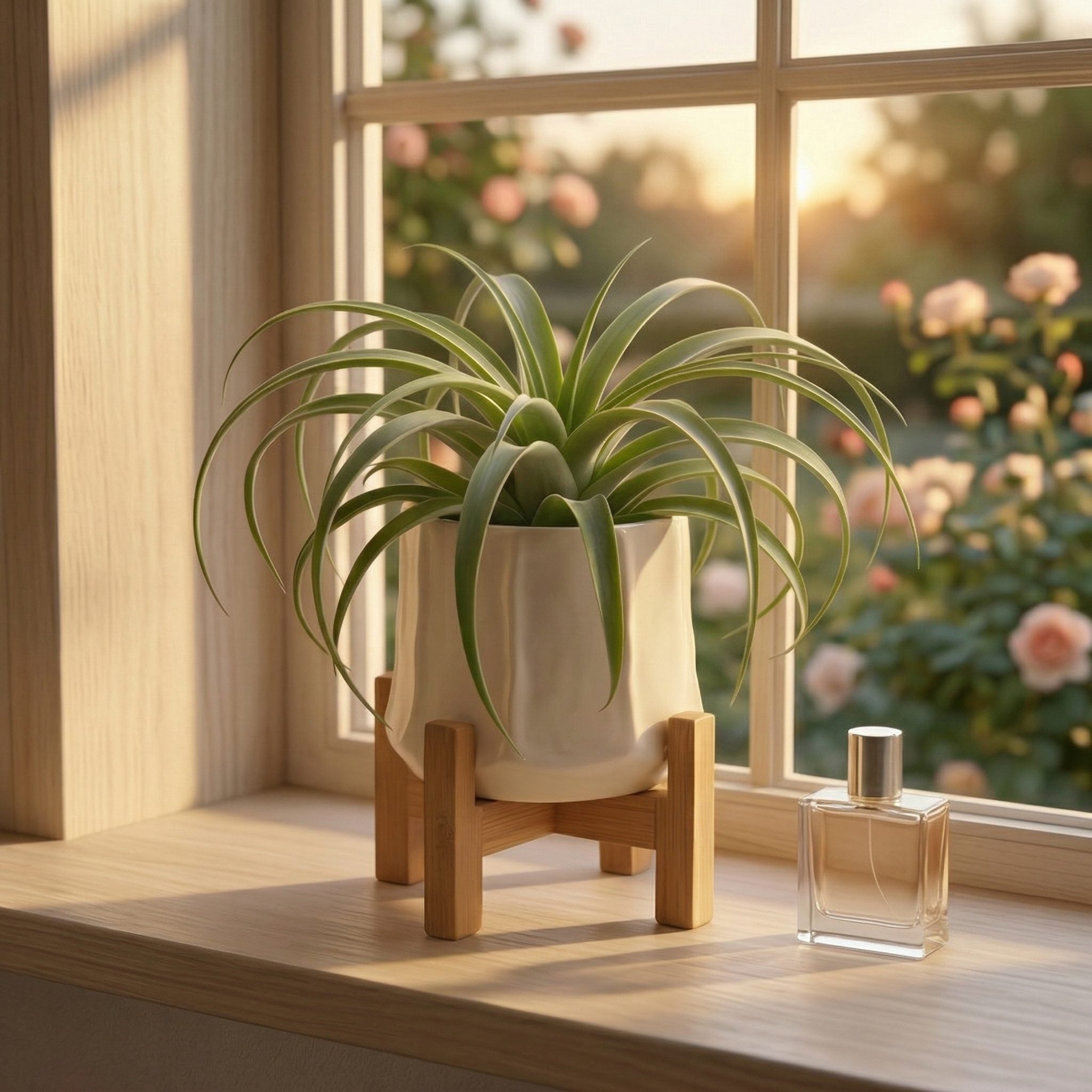 Artificial Air Plant in Ceramic Pot with Bamboo Stand